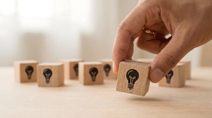 hand placing light bulb idea wooden block