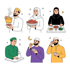 Ramadan feast illustration: A colorful illustration featuring a set of individuals joyfully celebrating Ramadan, offering food and drinks, sharing warmth and traditions during the holy month.