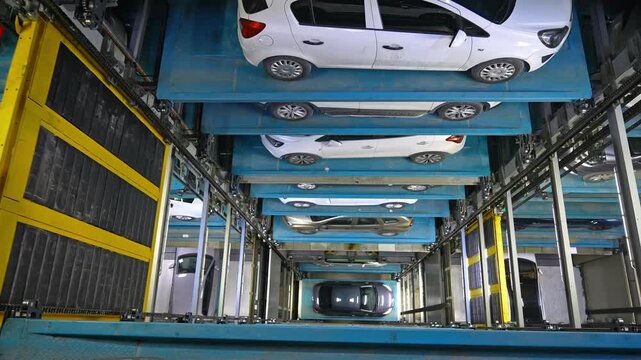 A top-down perspective inside a multi-level automated robotic parking system, showing stacked vehicle platforms, steel structures, rail mechanisms, and cars arranged within a high-tech parking facilit