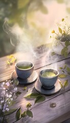 Serene morning tea setup watercolor illustration evokes calm inviting moments of peaceful reflection