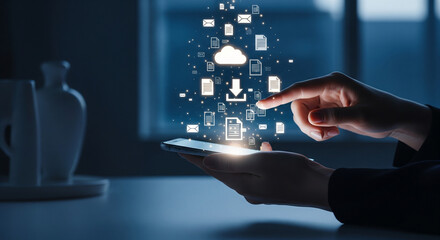 Person using smartphone for cloud data storage and file sharing with digital icons floating