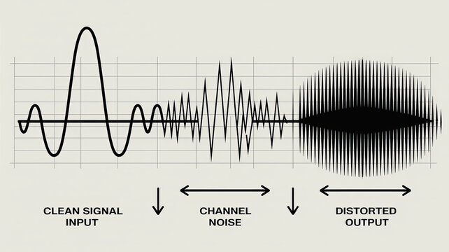 Visualizing Sound Dynamics: A graphic representation depicts the transformation of a clean audio signal, illustrating channel noise and the resulting distorted output.