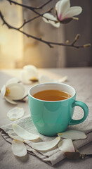 Tea cup with hot beverage placed on table surrounded by blossoms  