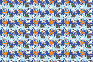 Seamless Illustration vector pattern set of different color smiling Cat walk background with city view drawing in colorful