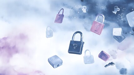 Secure digital banking illustration watercolor keys protect online finances serene modern concept