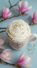 Coffee cup topped with whipped cream and surrounded by magnolia flowers  
