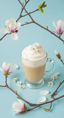 Coffee drink with whipped cream surrounded by magnolia flowers  