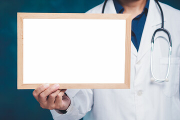 Doctor holding blank signboard for medical information.