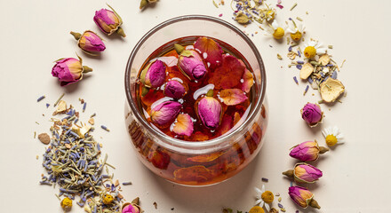 Herbal tea with rose buds and lavender in glass jar on white surface  