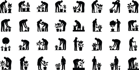 Gardening people silhouettes set planting watering plants home garden care activities isolated on white background vector illustration collection