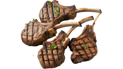 Grilled lamb chops isolated on transparent background perfectly cooked with herbs