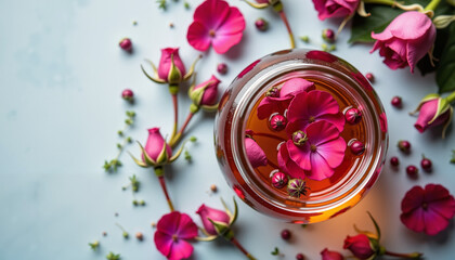 Floral tea in glass jar surrounded by pink rose petals and greenery  