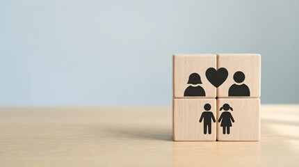 wooden blocks with family and love icons