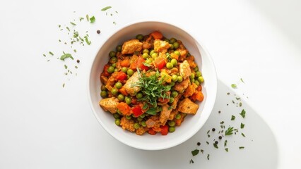 Delicious chicken and vegetable stir fry in a white bowl