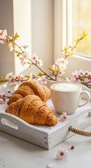 Croissants and coffee on a tray with cherry blossoms by the window  