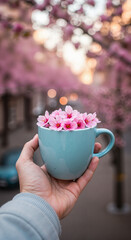 Hand holding blue cup filled with cherry blossoms in spring  