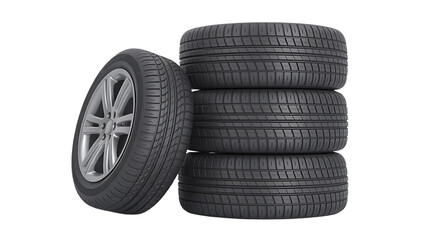 Four black car tires isolated on transparent background for automotive or transportation use