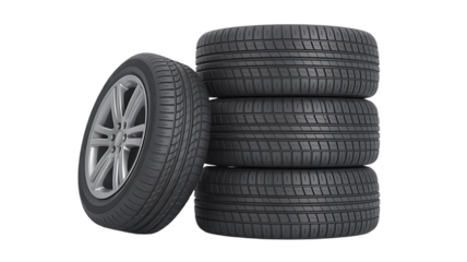 Four black car tires isolated on transparent background for automotive or transportation use