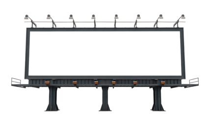 A large blank billboard with lights isolated on transparent background