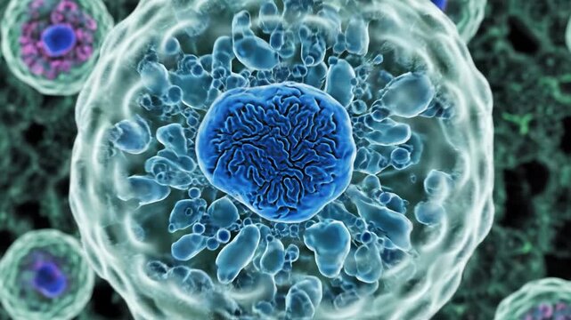 Blue cell nucleus surrounded by cytoplasm and membrane microscopic biology concept showing organelle detail fluorescent plant cells green fluorescent tissue cross section chloroplast stained sample