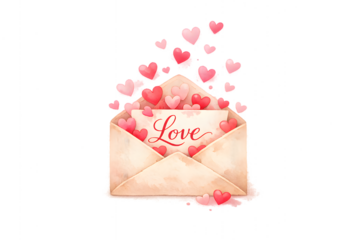 Romantic love letter envelope with flying pink hearts and cursive message on transparent background