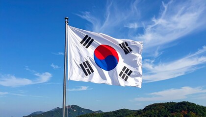 South Korean flag waving on flagpole against bright blue sky with clouds, Taegukgi with trigrams