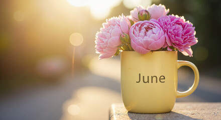 Yellow mug with peony flowers and the word June outdoors  