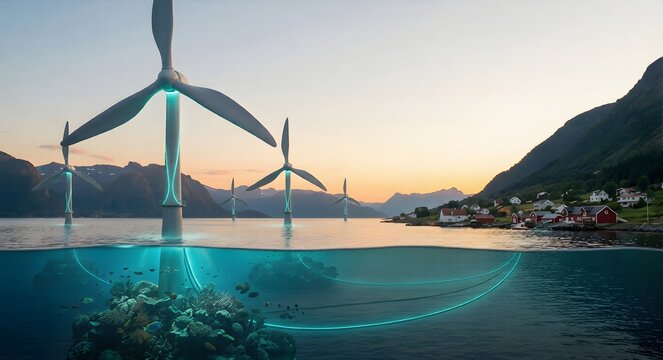 Futuristic offshore wind turbines integrated with glowing coral reefs and marine life in a fjord at sunset, split-level underwater view.