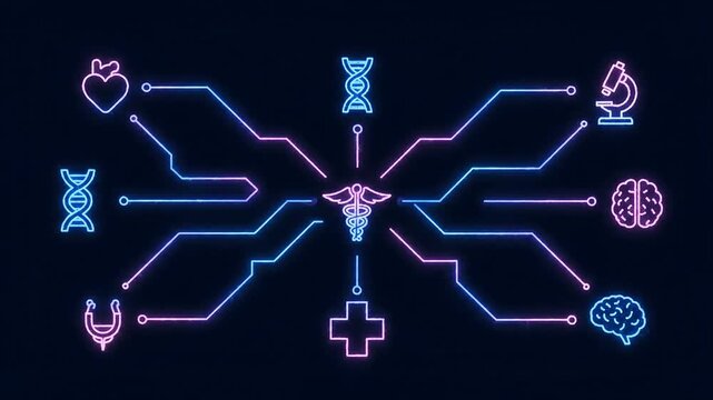 Medical symbols connected to a central staff of Asclepius.