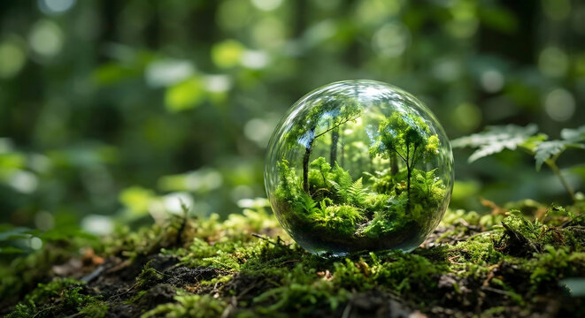 A crystal sphere reflecting a lush green forest on a mossy woodland floor, symbolizing environmental protection - Powered by Adobe