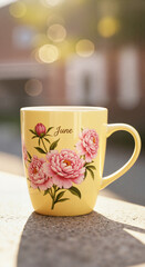 Yellow mug with floral decoration and the name June on the table  