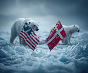 Polar bears next to the US and Danish flags