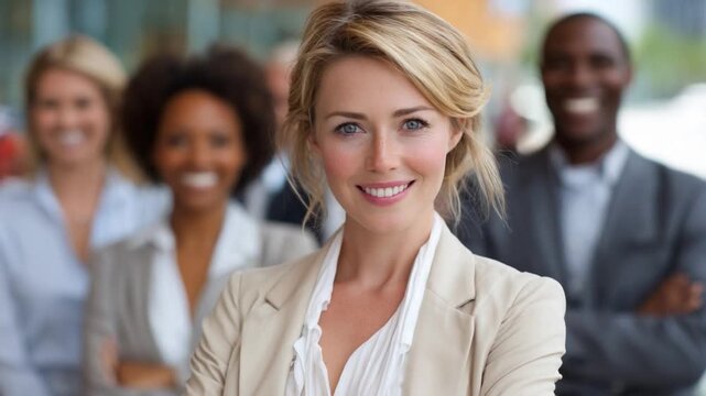 Confident Business Leader: A poised woman, radiating confidence, leads a diverse team in a corporate setting. The photograph celebrates professional unity and success.