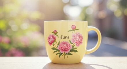 Yellow mug with floral design displaying "June" on a sunny day  