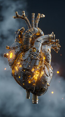 Futuristic mechanical heart with glowing wires and smoke
