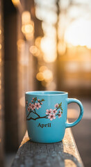 Blue ceramic mug with cherry blossom design in spring sunlight  