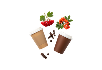 Two cardboard coffee cups with a chocolate sprig of viburnum and mountain ash on a white background, isolated.