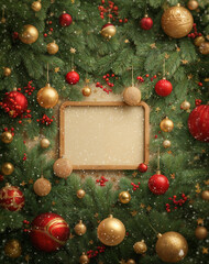 Christmas frame with baubles and fir branches