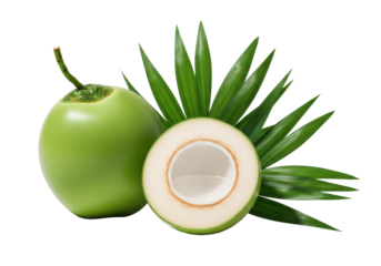 Photorealistic still life: whole, halved vibrant green coconuts, lush palm fronds, macro-detailed on a transparent studio background, subtle shadows, pure tropical freshness concept