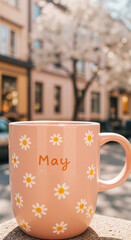 Pink mug with daisies and the word May outside in spring  
