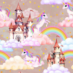 Dreamy fairytale illustration with unicorns flying over rainbows and clouds near a fantasy castle on a soft gray background with golden stars. Perfect for children’s decor, nursery prints, party graph © zzorik