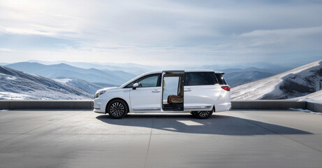 White minivan in mountain location with open door