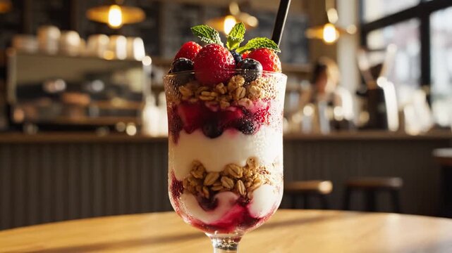A layered parfait of yogurt, granola, and berries in a tall glass on a wooden cafe table. With mint