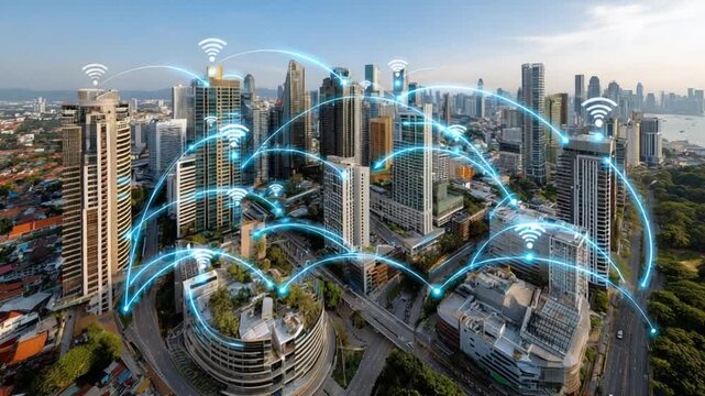 City Network Connectivity: The sprawling urban landscape is interconnected with a web of wireless signals, symbolizing the modern communication infrastructure and smart city