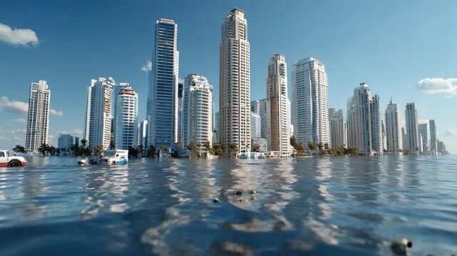 City's reflection in water: A panoramic view of a modern cityscape, showcasing a skyline of towering skyscrapers reflected in the calm waters. The clear blue sky complements the urban landscape.