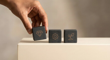 Selecting a diamond cube to represent quality, innovation, and sustainable growth strategies