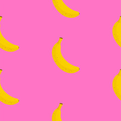 Yellow bananas seamless pattern. Funky background for wrapping paper and fabric. Repeating graphic elements. Seamless fruit pattern in pink background. Vector illustration