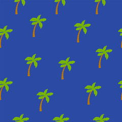 Palm trees seamless pattern. Funky background for wrapping paper and fabric. Repeating graphic elements. Seamless summer beach pattern in blue background. Vector illustration