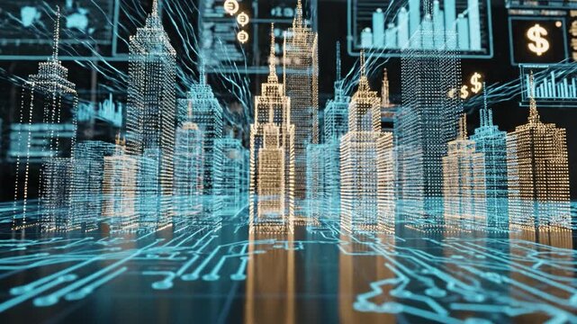 Futuristic digital city skyline hologram with glowing data circuits and skyscraper network, illuminated holographic skyscraper grid and dashboard analytics, digital circuit city model smart city