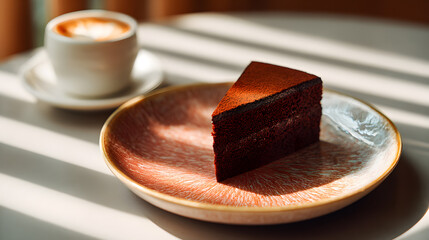 chocolate cake slice with cappuccino on warm morning light